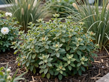 Close-up of mature salt-tolerant ornamental plants at a coastal property — compact beach roses and ornamental grasses in a mulched bed, soft natural daylight, plant texture and healthy foliage clearly visible, no people