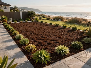 Wide shot of a freshly installed coastal residential garden — new sod, mulched planting beds with low shrubs, clean edging along a stone path, soft afternoon light, no people
