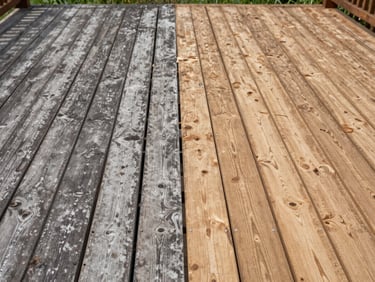 Before-and-after split view of a weathered timber deck being pressure washed in natural daylight — left half shows grey algae-stained boards, right half reveals clean restored wood grain, no people