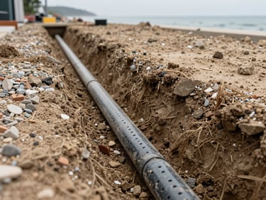 French drain installation in progress — gravel trench alongside a coastal property foundation, perforated pipe visible, sandy soil, natural overcast daylight showing the drainage work clearly, no people