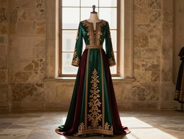 Warm editorial fashion photography of an elegant traditional Constantine gown displayed on a mannequin in a stone-walled gallery, golden-hour window light, rich detailed texture, shallow depth of field, 35mm