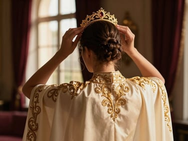 Warm editorial fashion photography of a bride from behind adjusting her golden crown, warm golden-hour light illuminating the detailed gold embroidery on her cream silk cape, shallow depth of field, 35mm