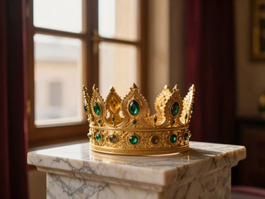 A majestic traditional Algerian gold crown on a marble pedestal, warm golden-hour window light, detailed craftsmanship