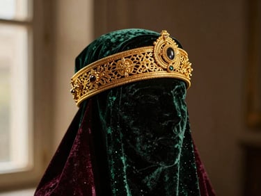 Close-up of a golden Khit Errouh headpiece on a velvet bust, dramatic chiaroscuro studio lighting, shimmering gold filigree