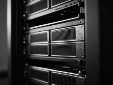 Extreme close-up of a high-end server rack, dramatic chiaroscuro lighting, deep obsidian blacks, sharp metallic reflections, 35mm film