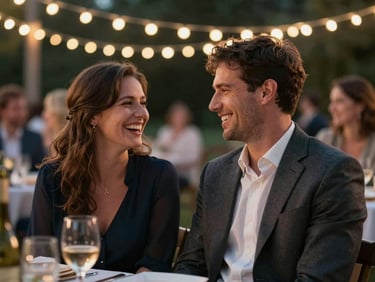 A cinematic video still showing a couple sharing a quiet laugh during an outdoor reception under string lights, shallow depth of field