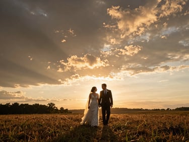 A cinematic wide shot of a wedding couple walking through an open field in Ohio at sunset, captured from a low angle, dramatic sky, natural golden hour flare