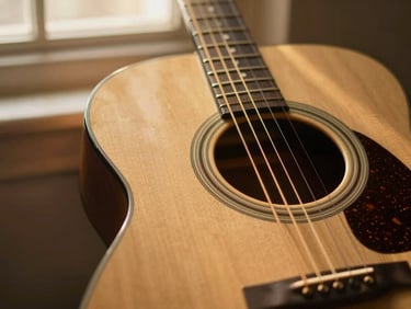 An acoustic guitar body showing wood grain and strings, warm golden light, shallow depth of field