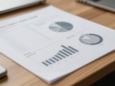 Close-up shot of a printed research document with data charts on a wooden desk, clean daylight, shallow depth of field.