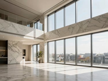 Interior of a premium penthouse apartment in Van, high ceilings, marble details, natural light flooding through floor-to-ceiling windows