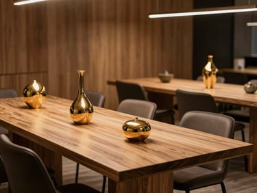 Modern ve lüks bir ofis toplantı odası, ahşap ve deri detaylar, arka planda loş ışıkta parıldayan altın renkli asil dekoratif objeler.