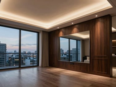 Elegant penthouse apartment interior with custom dark wood paneling, designer lighting, and expansive city views of Van at twilight.