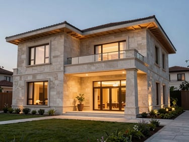 Elegant luxury villa exterior in Van with modern stone cladding, warm lighting at dusk, manicured garden