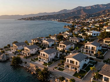 Wide-angle drone shot of a premium villa plot in Edremit, Van, overlooking the blue Lake Van under warm sunset light, boundaries defined naturally.