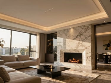 Modern luxury living room interior with high ceilings, marble fireplace, warm golden hour light streaming through floor-to-ceiling windows.