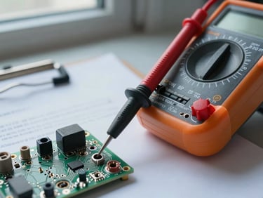 Close-up overhead shot of a multimeter probe touching a circuit board terminal, cool daylight from a nearby window, diagnostic clipboard visible at the edge of frame