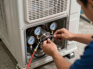HVAC unit access panel open, technician hands adjusting a component under cool shop lighting, gauges and service hoses visible, concrete floor context below