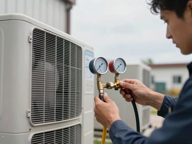 Exterior HVAC condenser unit being serviced, a technician's hands adjusting a refrigerant line with gauges attached, cool overcast daylight, unit fins and housing visible in detail