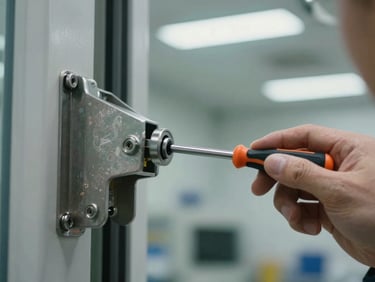 Close-up of a commercial door closer mechanism being examined, metal housing open, a technician's hand holding a screwdriver near the hydraulic arm, cool fluorescent facility lighting