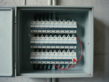 Wide-angle view of an open residential electrical panel under cool daylight, circuit breakers labeled in rows, a voltage tester clipped to one breaker, concrete wall background