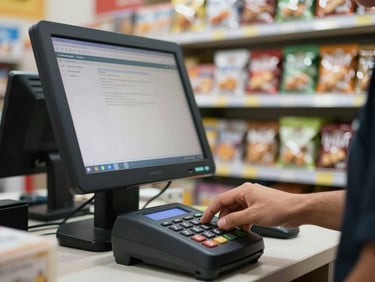 Close-up of a retail point-of-sale terminal screen mid-transaction in an Indonesian store, cashier's hand on the keypad, shelves of packaged goods visible in soft background focus, fluorescent work lighting
