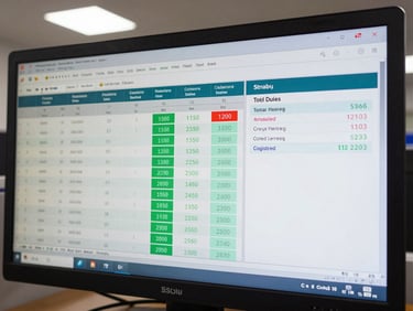 Close-up of a computer screen in a cooperative administration office showing a billing dashboard with member ledger rows, payment status indicators in green and red, and a summary panel of total collected dues under steady fluorescent office lighting