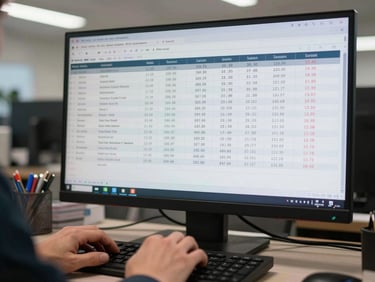 Dashboard screen on a desktop monitor showing daily settlement report with branch-level figures, transaction totals and cash reconciliation columns visible mid-use, fluorescent office lighting, hands typing at keyboard in foreground
