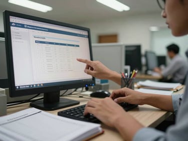 Close-up of hands entering membership payment data on a desktop computer screen in a cooperative office, printed member ledger open beside the keyboard, Indonesian office environment with modest fluorescent overhead lighting