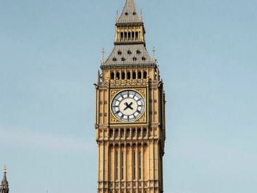 Big Ben clock tower photographed frontally in even daylight, clear sky, clean architectural precision, no moody atmosphere, institutional framing