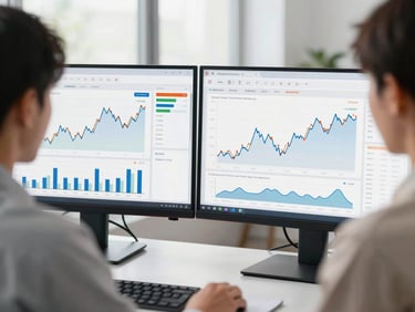 Over-the-shoulder view of a clean financial dashboard displaying cash flow charts on dual monitors in a bright, modern office with natural window light.