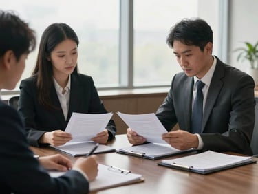 Medium shot of two lawyers at a conference table reviewing printed documents under diffuse north-facing window light, folders and a legal pad visible on the table surface, calm and focused atmosphere