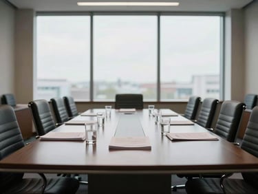 Wide interior shot of a law firm meeting room in natural north-facing daylight, an empty conference table with stacked legal documents and a glass of water, chairs arranged in quiet order, floor-to-ceiling windows with diffused overcast light, no people, architectural calm