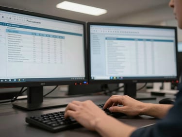 Close-up of hands at a keyboard in front of a dual-monitor ERP interface showing procurement and inventory reconciliation tables, fluorescent overhead lighting, dark desk surface, no faces visible