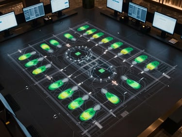 Overhead plan-view of a hotel operations floor with semi-transparent analytics overlay lines and footfall heatmap zones rendered in green on a dark architectural floor plan, no people visible, ambient screen glow from nearby monitors