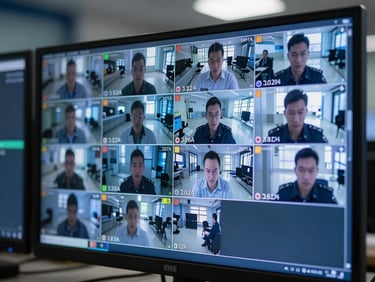 Extreme close-up of a CCTV monitor bank in a security operations room showing multiple camera feeds with AI bounding-box overlays and compliance alert indicators, screens casting cool blue light on surrounding surfaces
