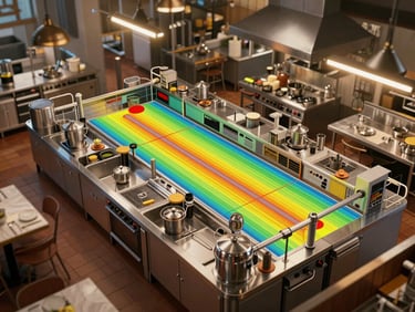Overhead floor plan view of a multi-outlet restaurant kitchen with analytics overlay lines and heat-zone markers superimposed on the layout, fluorescent operational lighting, no people visible — purely spatial data visualization