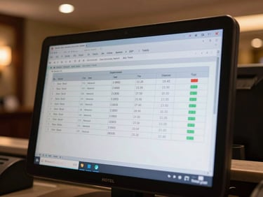 Close-up of a hotel front desk terminal screen displaying ERP reconciliation data — department totals, automated entries, and variance flags in a dark-UI interface, ambient overhead hotel lobby lighting
