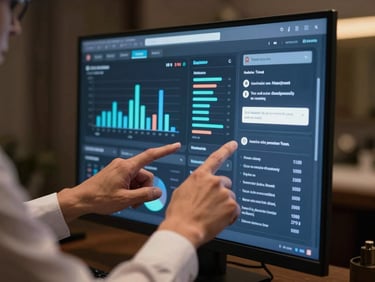Close-up of a hotel manager's hands pointing at a large monitor showing an AI reporting dashboard — bar charts, KPI tiles, and a natural-language query input field visible, dark ambient room with screen glow as primary light source