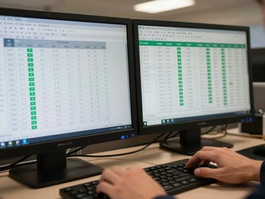 Extreme close-up overhead shot of two screens side-by-side on a hotel back-office desk — left screen shows PMS room-revenue ledger, right screen shows ERP cost dashboard with green reconciliation indicators, hands on keyboard mid-entry, fluorescent office light