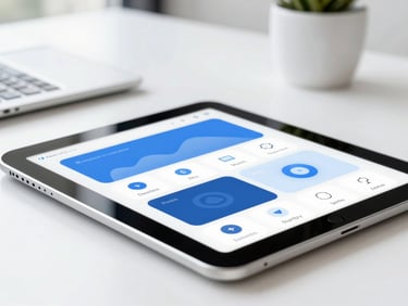 Macro shot of a clean modern tech interface on a sleek tablet device, bright natural daylight, professional workspace background