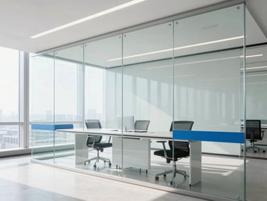 Bright daylight photo of a modern glass-and-steel boardroom with clean architectural lines and soft blue accents, 35mm lens