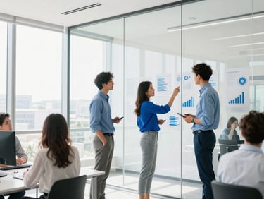 Bright modern collaborative workspace with professionals discussing data visualizations on a clean glass wall, natural daylight, high-key exposure, 35mm lens