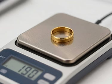 Close-up of a high-precision digital scale with a gold ring on it, in a clean office setting with soft lighting, deep navy and warm gold tones, sharp focus, 50mm lens.