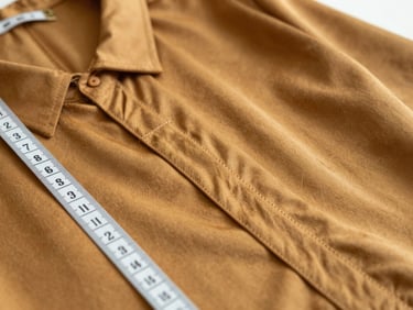 Macro shot of hand-finished seams on a rich marigold silk blouse, measuring tape lying alongside, warm natural light