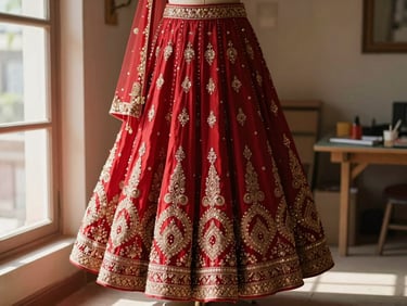 A rich crimson bridal lehenga skirt hanging in a sunlit workshop, detailed embroidery catching soft window light