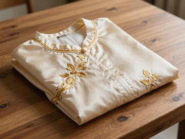 A neatly folded designer silk blouse with intricate gold hand-embroidery, resting on a wooden table in warm light
