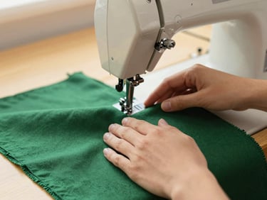 Hands guiding a rich green cotton fabric through a vintage sewing machine, soft focus, warm editorial look