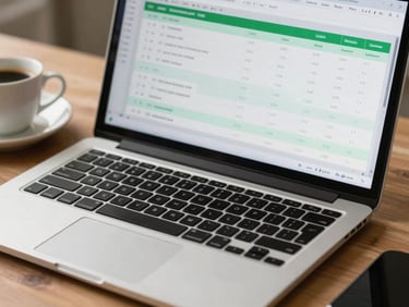 Close-up of a laptop screen showing a clean financial spreadsheet with green accents, next to a cup of coffee on a wooden desk, natural light.