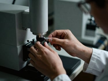 A high-contrast close-up of a researcher's hands adjusting a modern scientific instrument, dramatic shadows, academic-archival aesthetic.