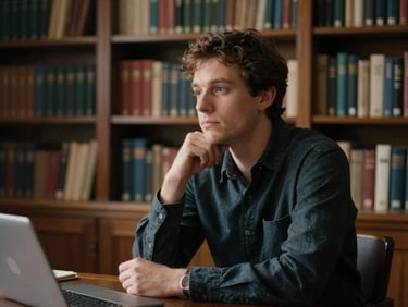 A thoughtful thinker in deep conversation, captured in a softly-lit study with bookshelves in the background, warm library light, 35mm film.